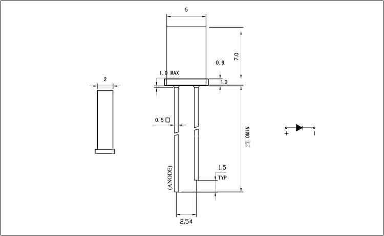 福建2*5*7長方形led燈珠發(fā)光二極管封裝尺寸圖紙