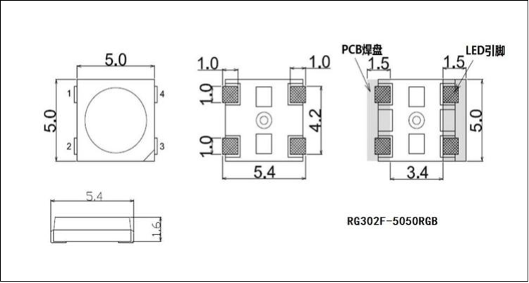 江蘇5050rgb內置ic貼片led燈珠發(fā)光二極管封裝尺寸圖紙