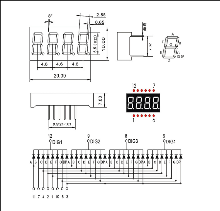 深圳四位共阳极led二极管数码管封装尺寸图纸