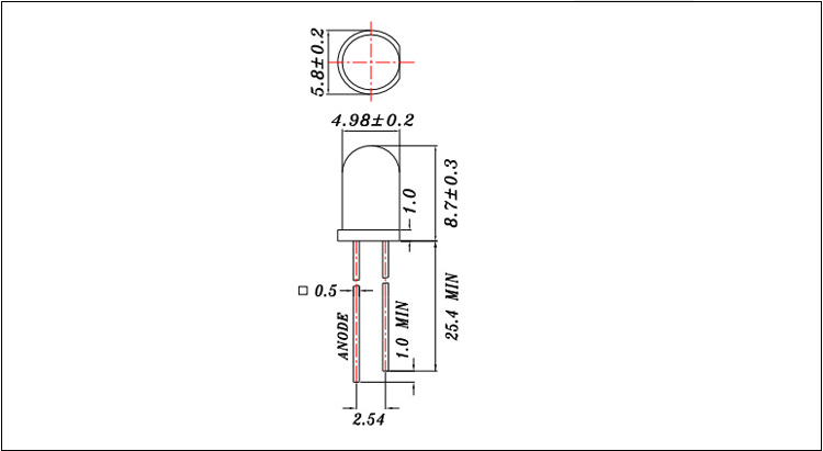 東莞φ5mmf5封裝形式的RA>95高顯指白色LED燈珠型號圖紙