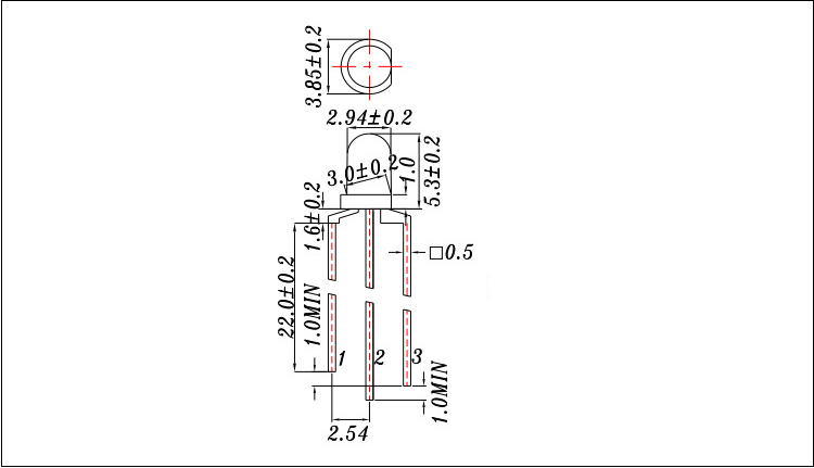 中山3mm的3腳紅藍(lán)雙色LED燈珠發(fā)光二極管尺寸圖紙