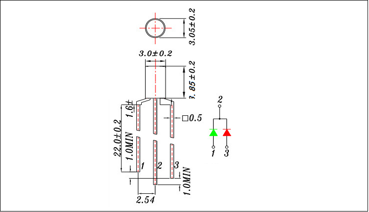 浙江3mm平頭三腳插件紅綠雙色共陽極LED發(fā)光二極管封裝尺寸