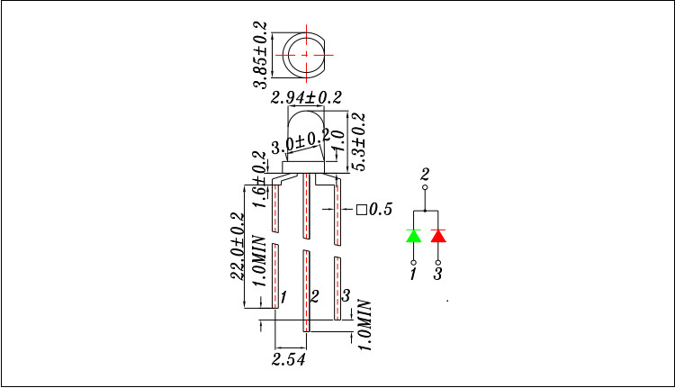 廣州3mm紅綠雙色共陽共陰極LED燈珠發(fā)光二極管型號圖紙