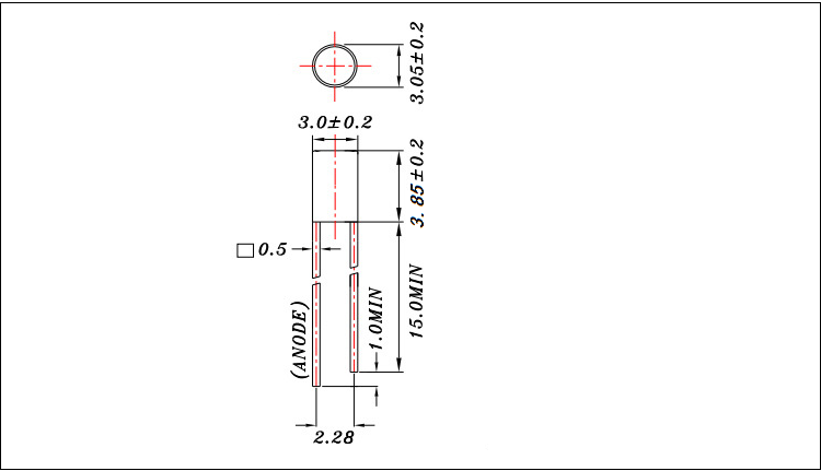 東莞直徑3mmf3直插平頭led燈珠發(fā)光二極管型號圖紙