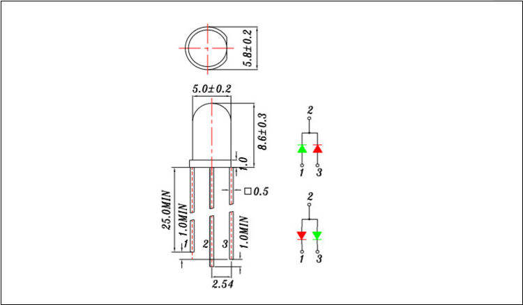 東莞5mm圓頭透明直插led紅白雙色燈珠發(fā)光二極管封裝尺寸圖紙