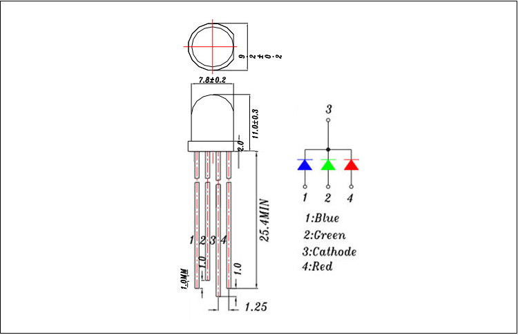 福建8mm燈珠全彩f8rgb led發(fā)光二極管封裝尺寸圖紙