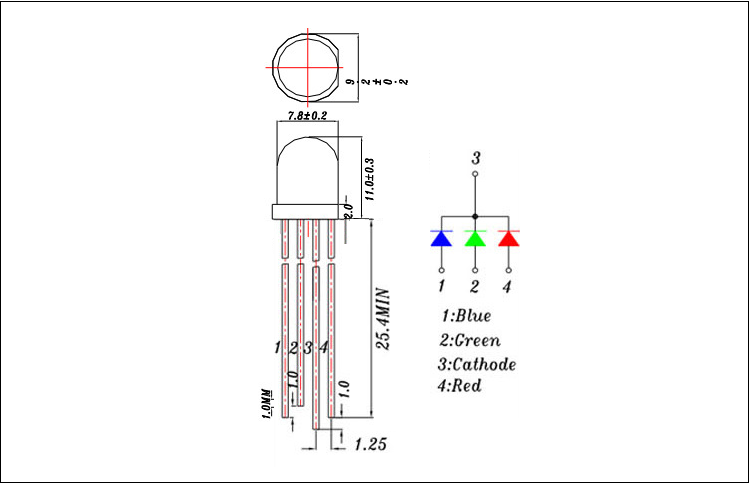 福建8mm灯珠全彩f8rgb led发光二极管封装尺寸图纸