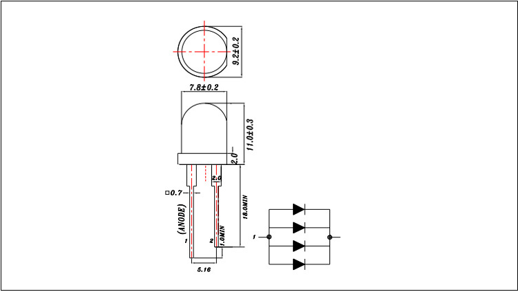 東莞8mm0.5Wled燈珠白色led發(fā)光二極管白光封裝尺寸圖紙