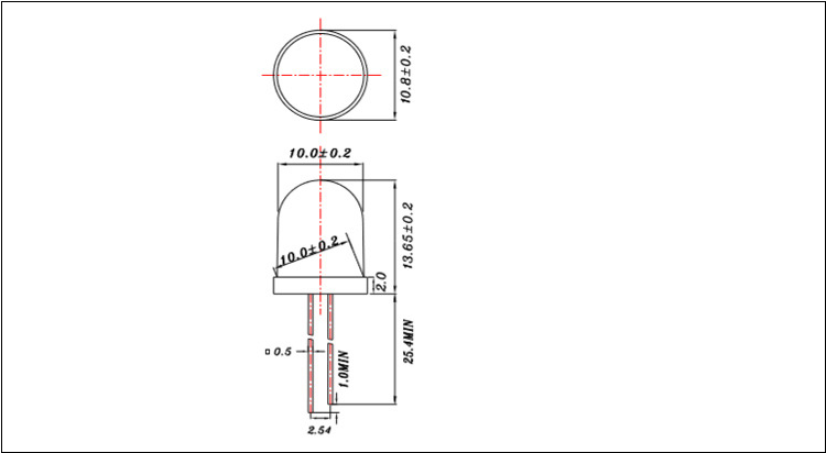 佛山直徑10mmled正白光6500K發(fā)光二極管封裝尺寸圖紙