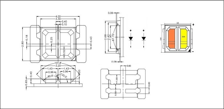 深圳2835双杯双色温led贴片灯珠封装尺寸图纸
