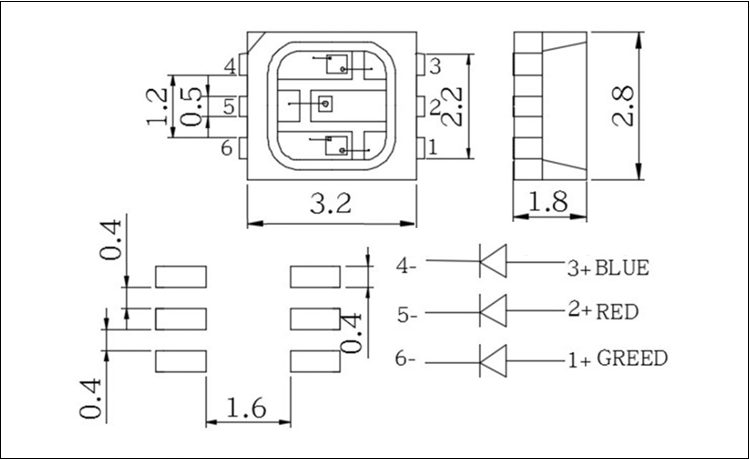 江苏3528六脚rgb全彩led贴片灯珠封装尺寸图纸