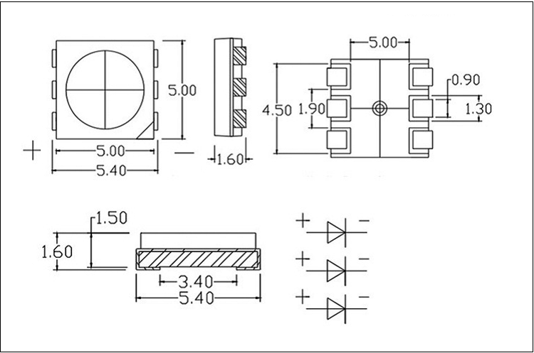 东莞0.6W 5050rgb led全彩贴片灯珠封装尺寸图纸