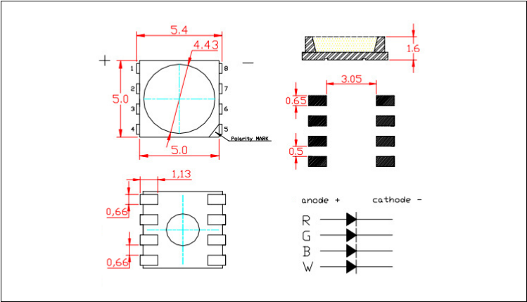 广东smd5050rgbw四合一灯珠led贴片封装尺寸图纸