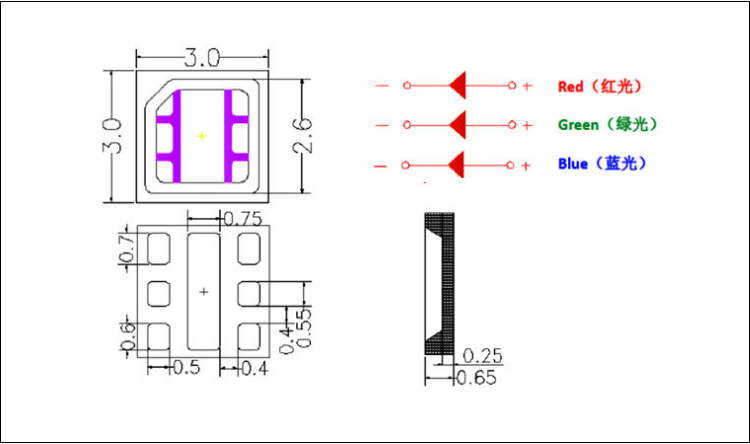 江苏1.5W 3030全彩rgb灯珠led贴片封装尺寸图纸